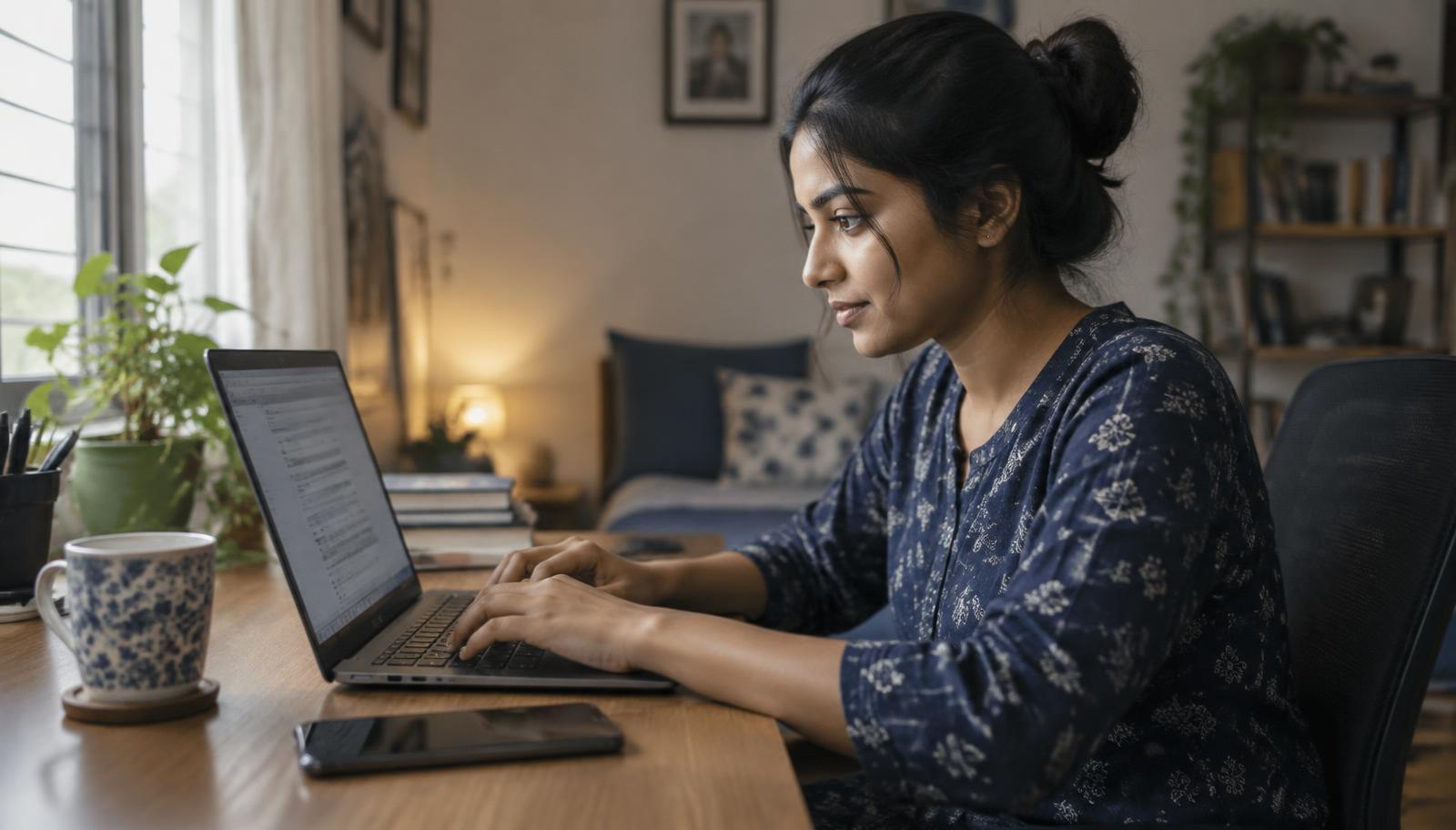 A person doing online typing work at home on a laptop, with a notebook and calculator on the desk