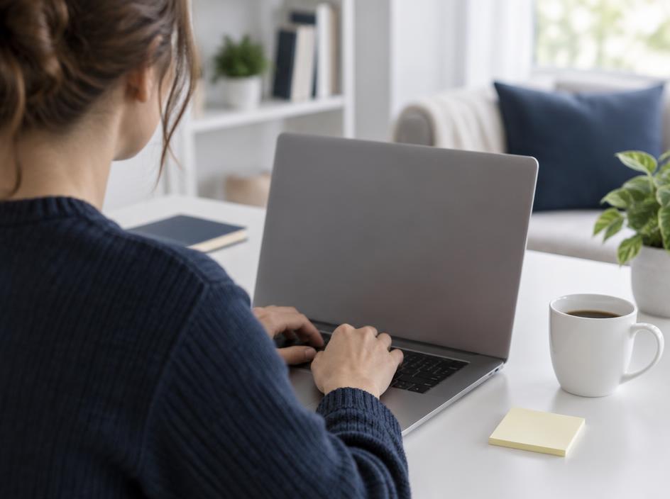 A person typing on a laptop at a bright desk, seen from behind the screen