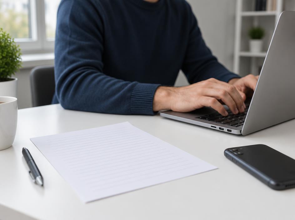 A printed document lying next to an open laptop while a person types