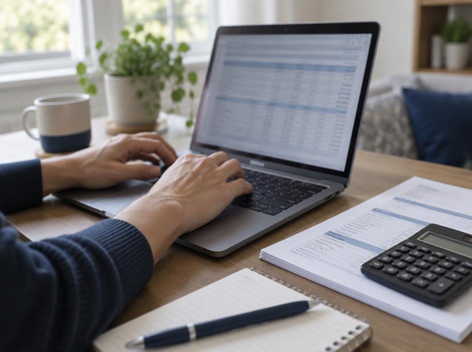 Hands typing on a laptop keyboard beside printed invoices and a calculator on a home desk